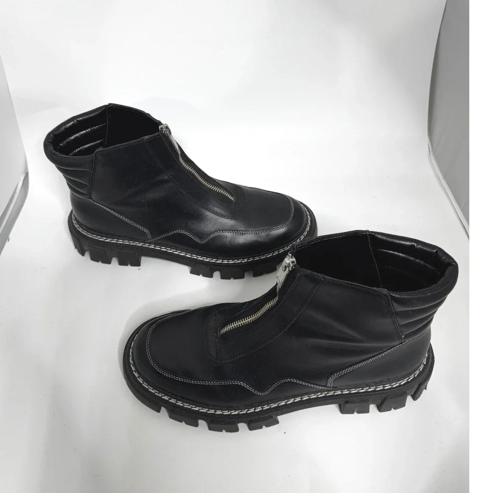 Marc Fisher LTD Mens Black Leather Front Zip Lug Sole Combat Boots Size 9.5M‎
